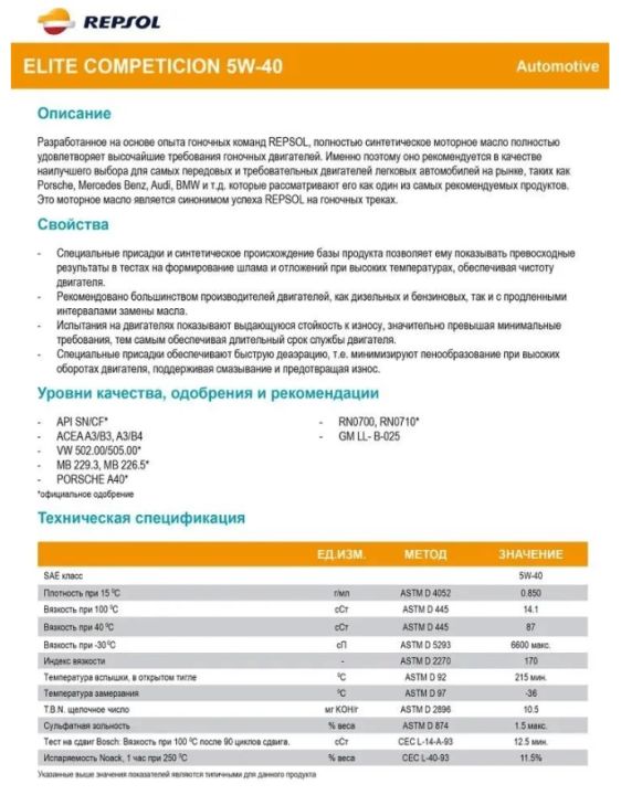 Масло синт. Elite Competicion 5W40, (1л.), (RPP0062JHA) 60256R REPSOL 